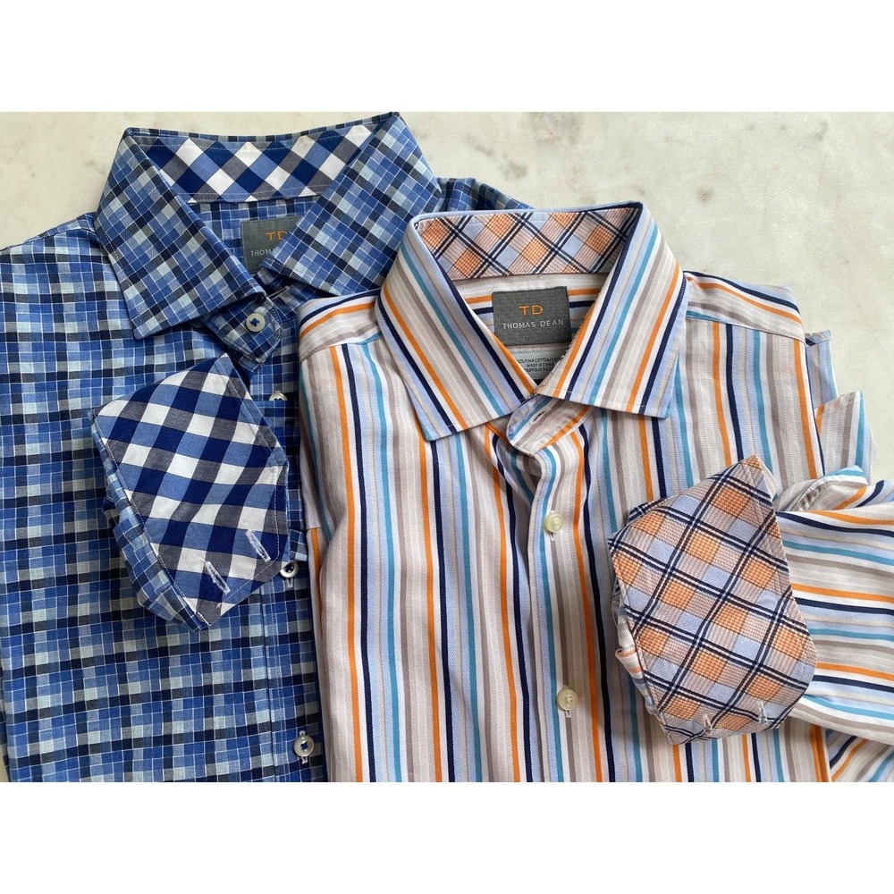 Lot of 2 Thomas Dean‎ Shirt Men's L Orange Blue Plaid/Striped Flip Cuffs
